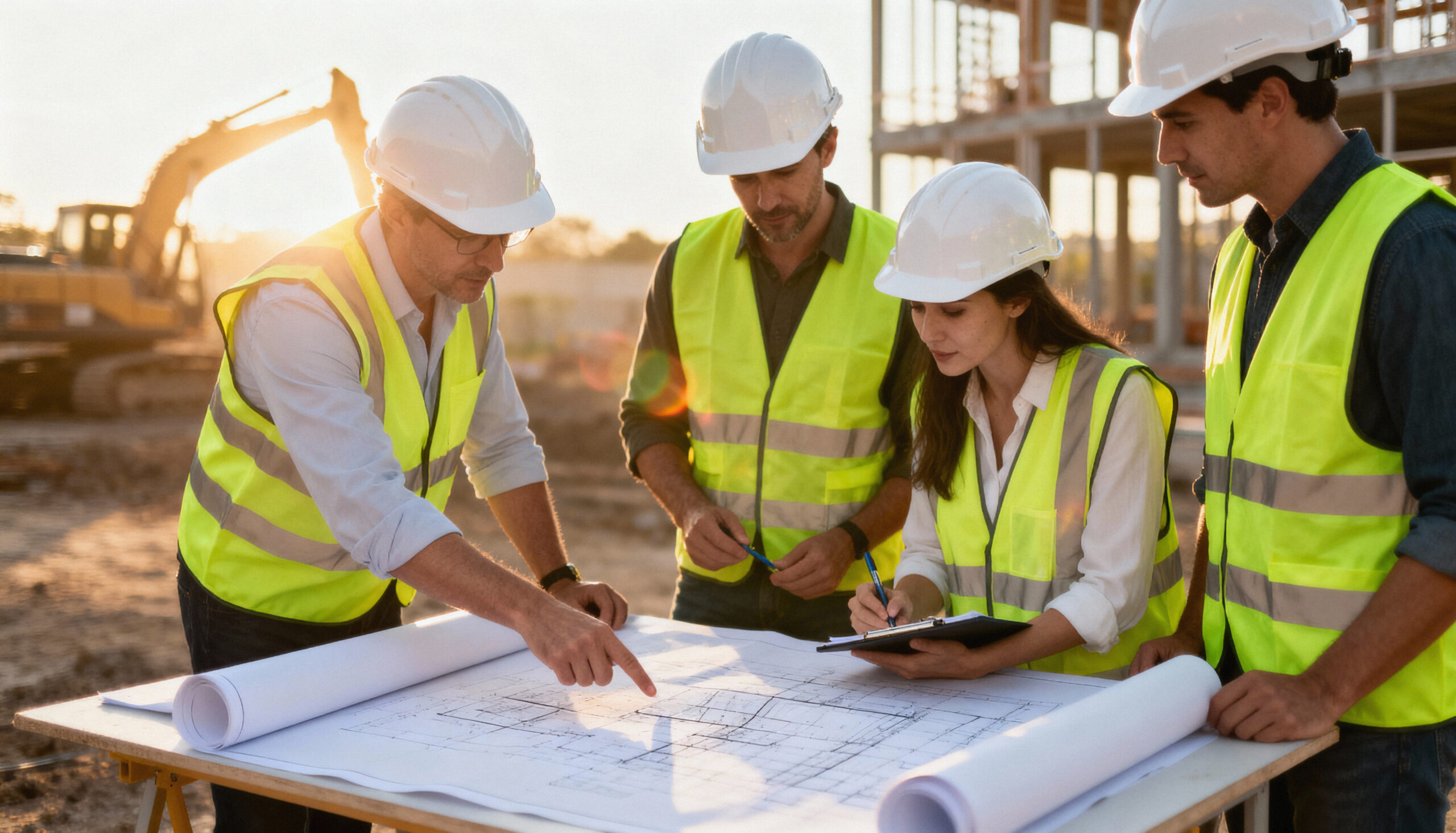 construction team reviewing blueprints building site